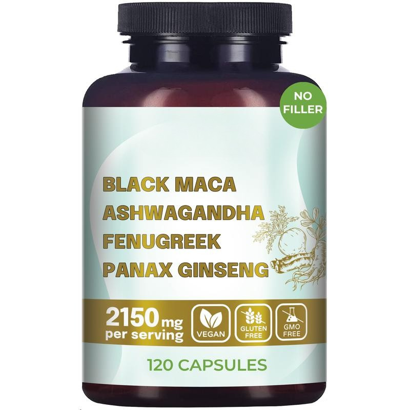 4-in-1 Organic Black Maca Root, Ashwagandha, Fenugreek, Panax Ginseng Supplement