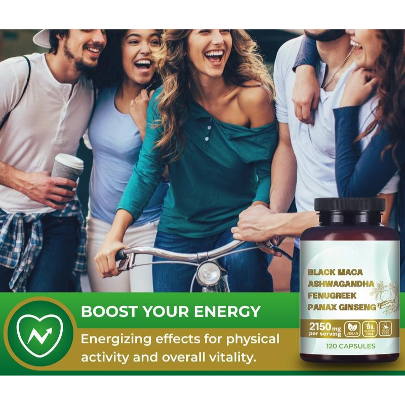 4-in-1 Organic Black Maca Root, Ashwagandha, Fenugreek, Panax Ginseng Supplement