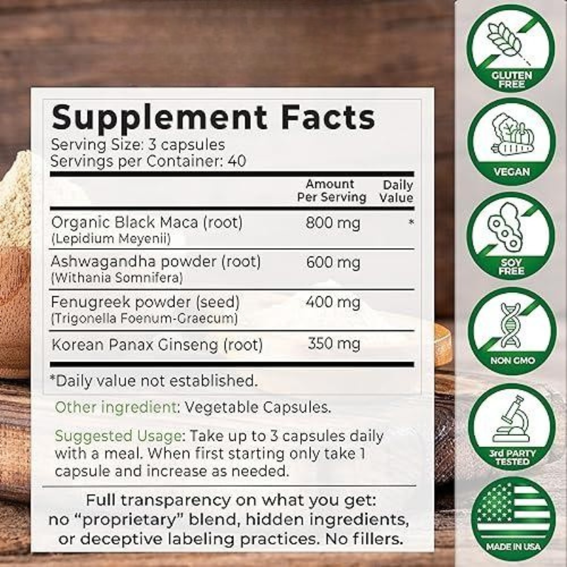 4-in-1 Organic Black Maca Root, Ashwagandha, Fenugreek, Panax Ginseng Supplement
