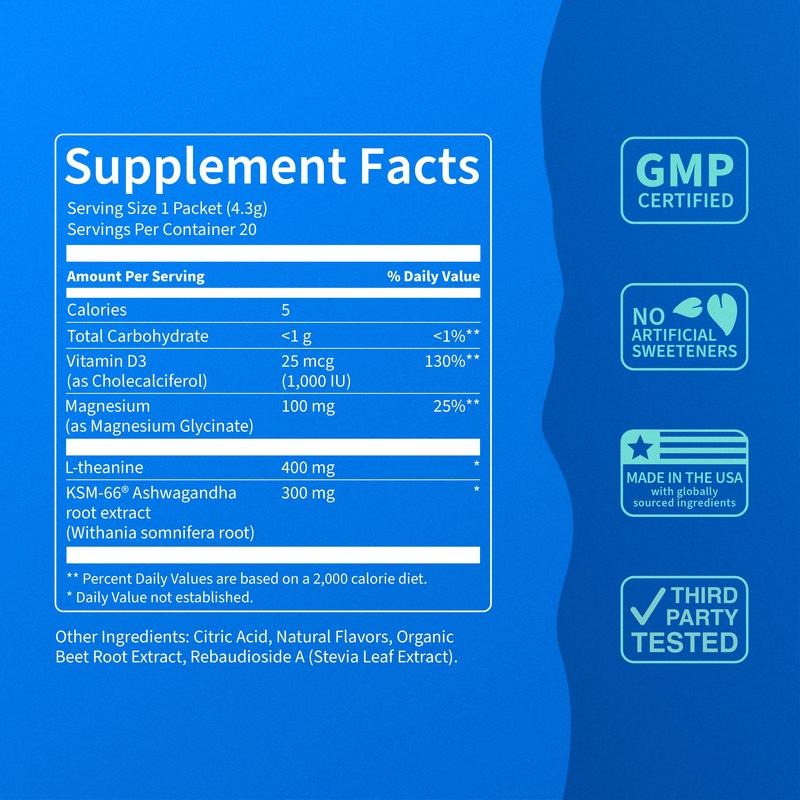 Supercalm – Calming Drink Mix with KSM-66 Ashwagandha, Vitamin D3, Magnesium & L-Theanine – Supports Cortisol Balance, Mood & Sleep, Helps Manage Occasional Stress – Travel Packets (20 Servings)