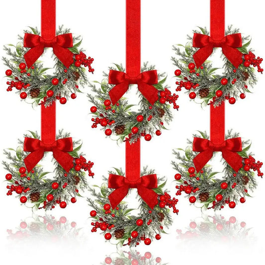 6 mini Christmas cabinet wreaths with red velvet bows