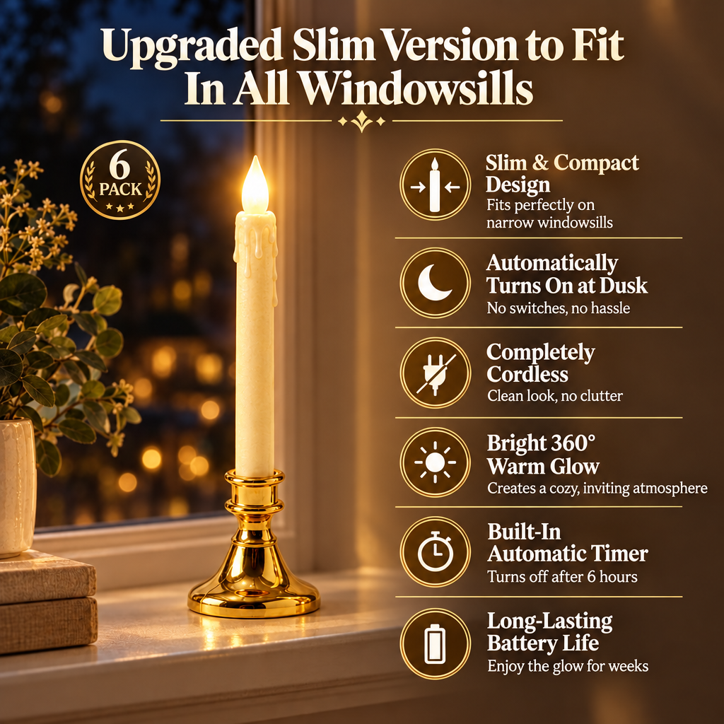 Premium Slim Bethlehem Lights Cordless Window Candles - Set of 6