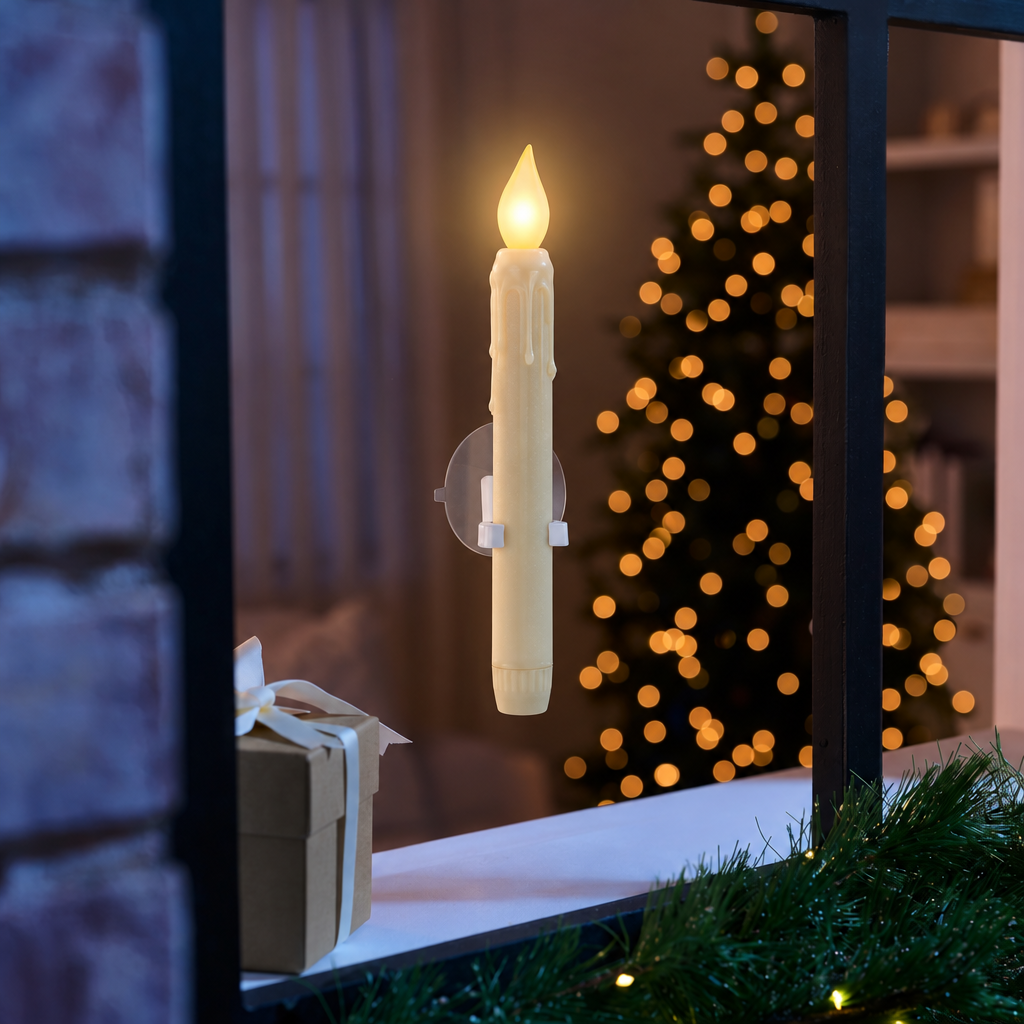 Suction-cup window candle glowing on the glass