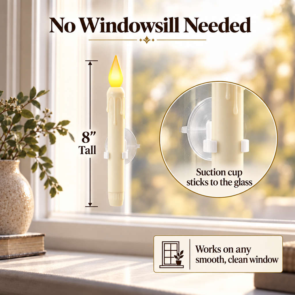 8 inch tall window candle with suction cup - no windowsill needed